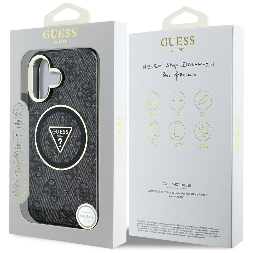 Étui MagSafe pour Apple iPhone 16, Guess, IML Glitter 4G Circle Triangle, Noir