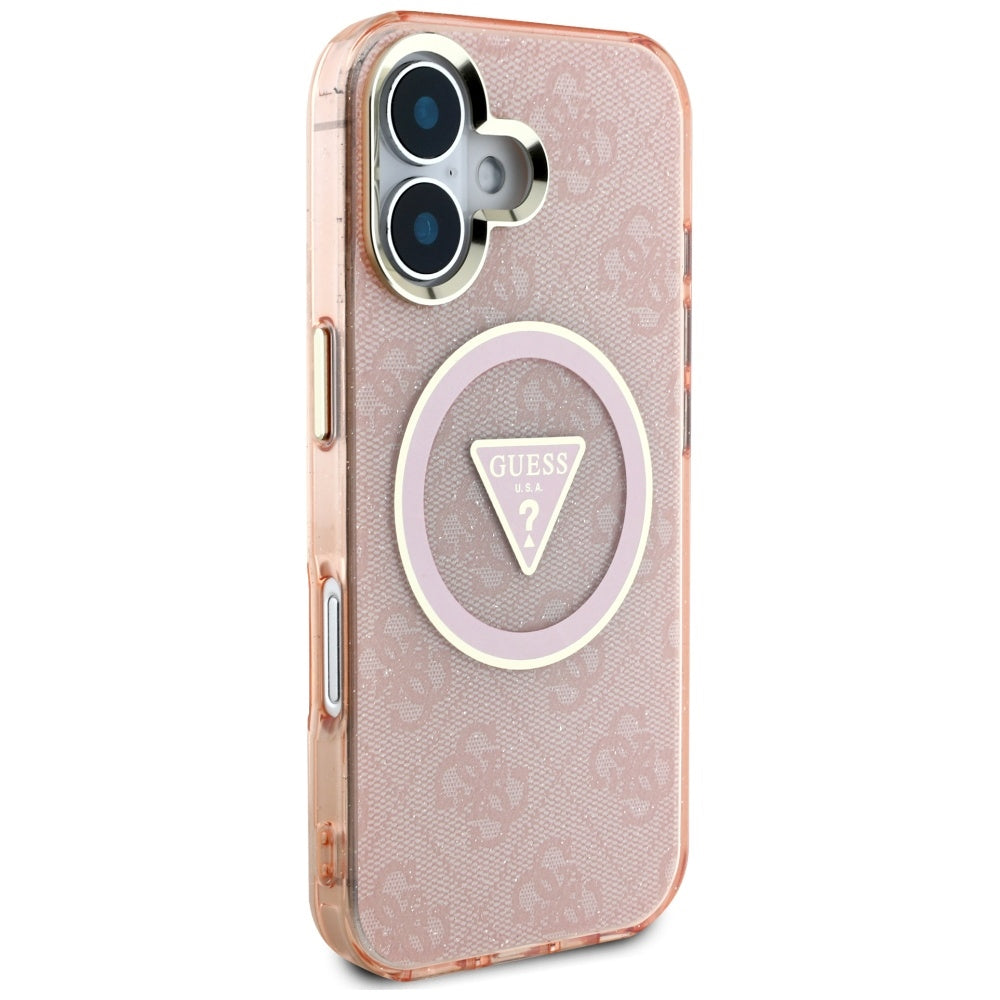 Étui MagSafe pour Apple iPhone 16, Guess, IML Glitter 4G Cercle Triangle, Rose