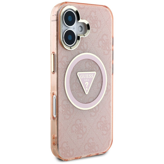 Étui MagSafe pour Apple iPhone 16, Guess, IML Glitter 4G Cercle Triangle, Rose