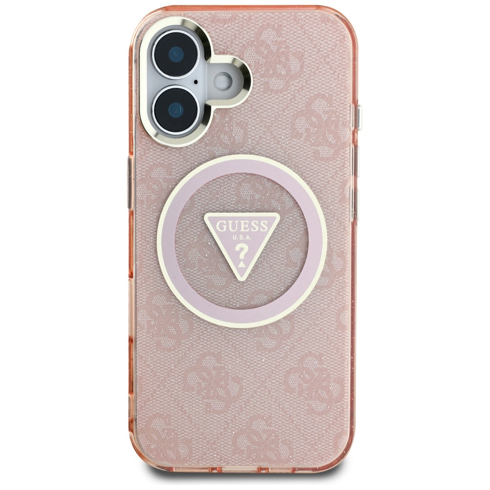 Étui MagSafe pour Apple iPhone 16, Guess, IML Glitter 4G Cercle Triangle, Rose