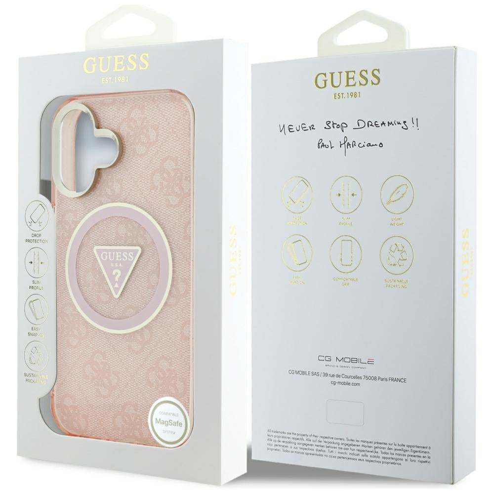 Étui MagSafe pour Apple iPhone 16, Guess, IML Glitter 4G Cercle Triangle, Rose