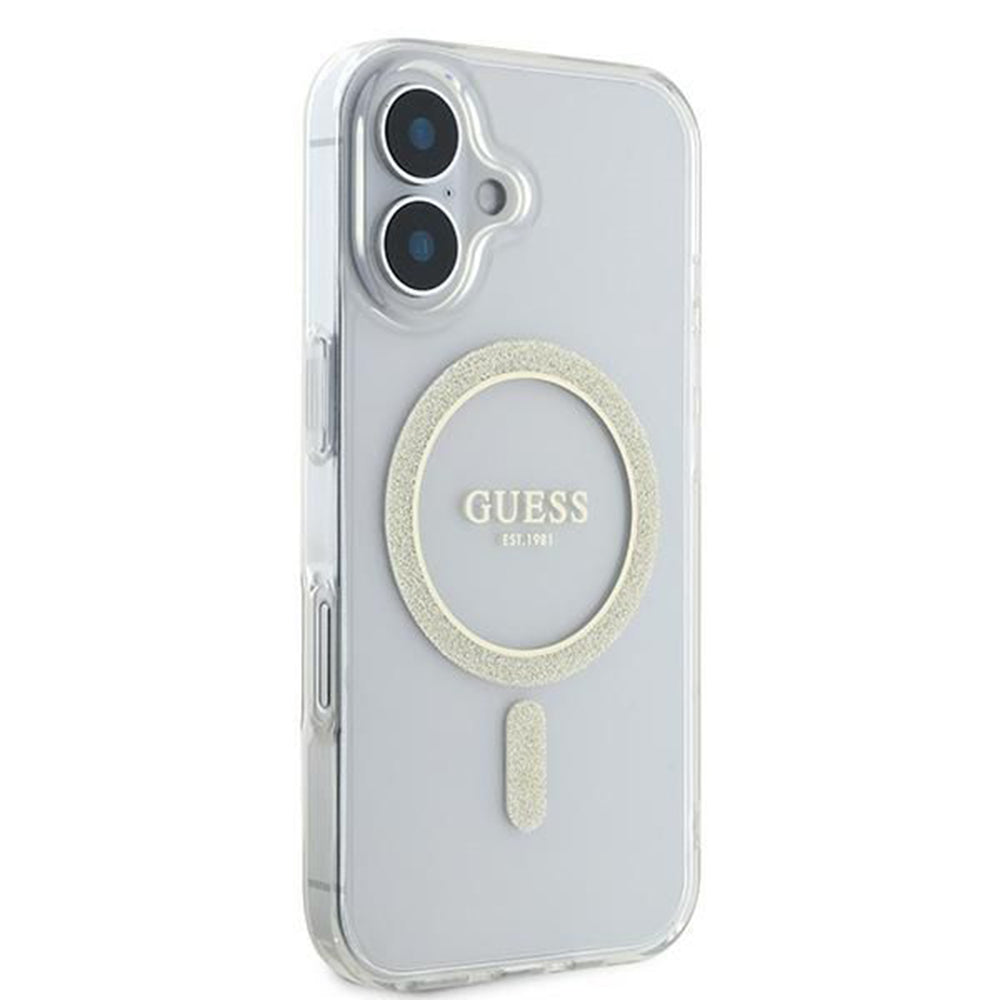 Coque MagSafe pour Apple iPhone 16, Guess, IML Glitter Circle, Transparente