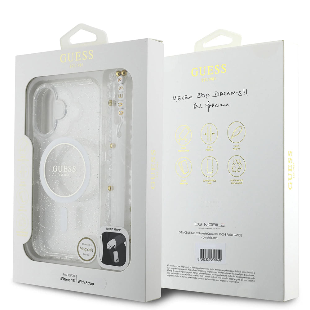 Coque MagSafe pour Apple iPhone 16, Guess, IML Glitter avec Lanière de Perles, Transparente