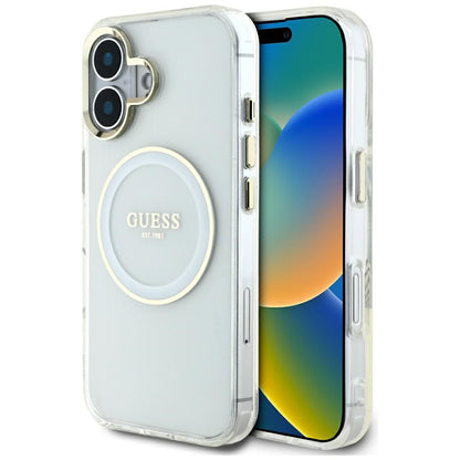 Coque MagSafe pour Apple iPhone 16, Guess, IML Metal Colored Circle, Blanche