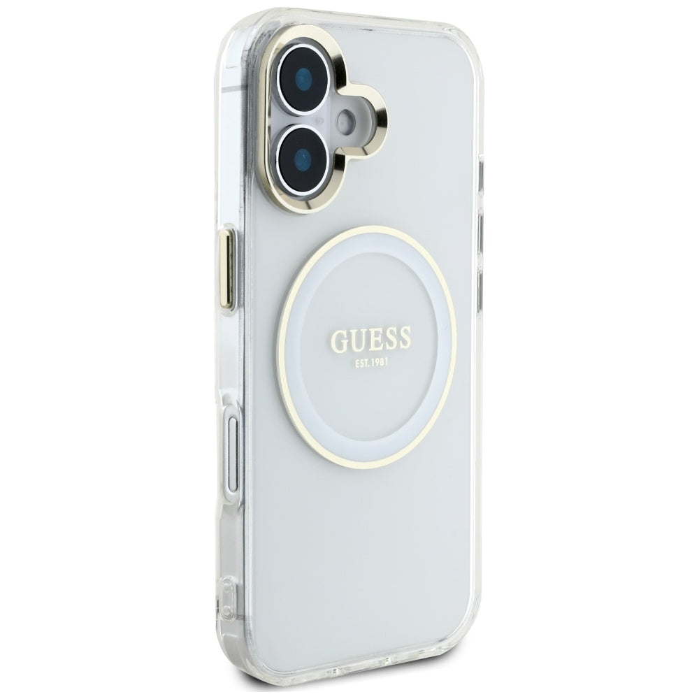 Coque MagSafe pour Apple iPhone 16, Guess, IML Metal Colored Circle, Blanche