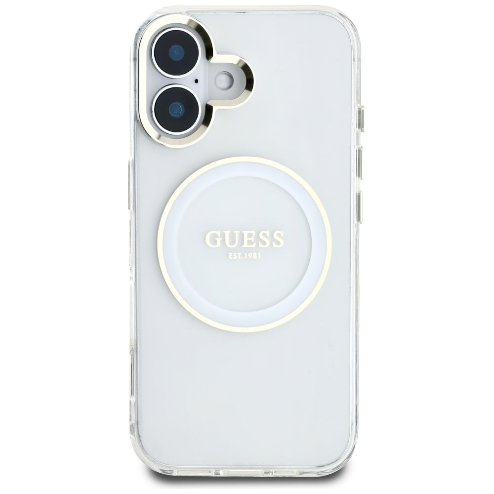Coque MagSafe pour Apple iPhone 16, Guess, IML Metal Colored Circle, Blanche