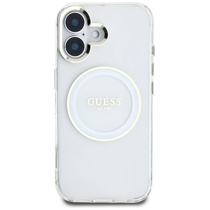 Coque MagSafe pour Apple iPhone 16, Guess, IML Metal Colored Circle, Blanche