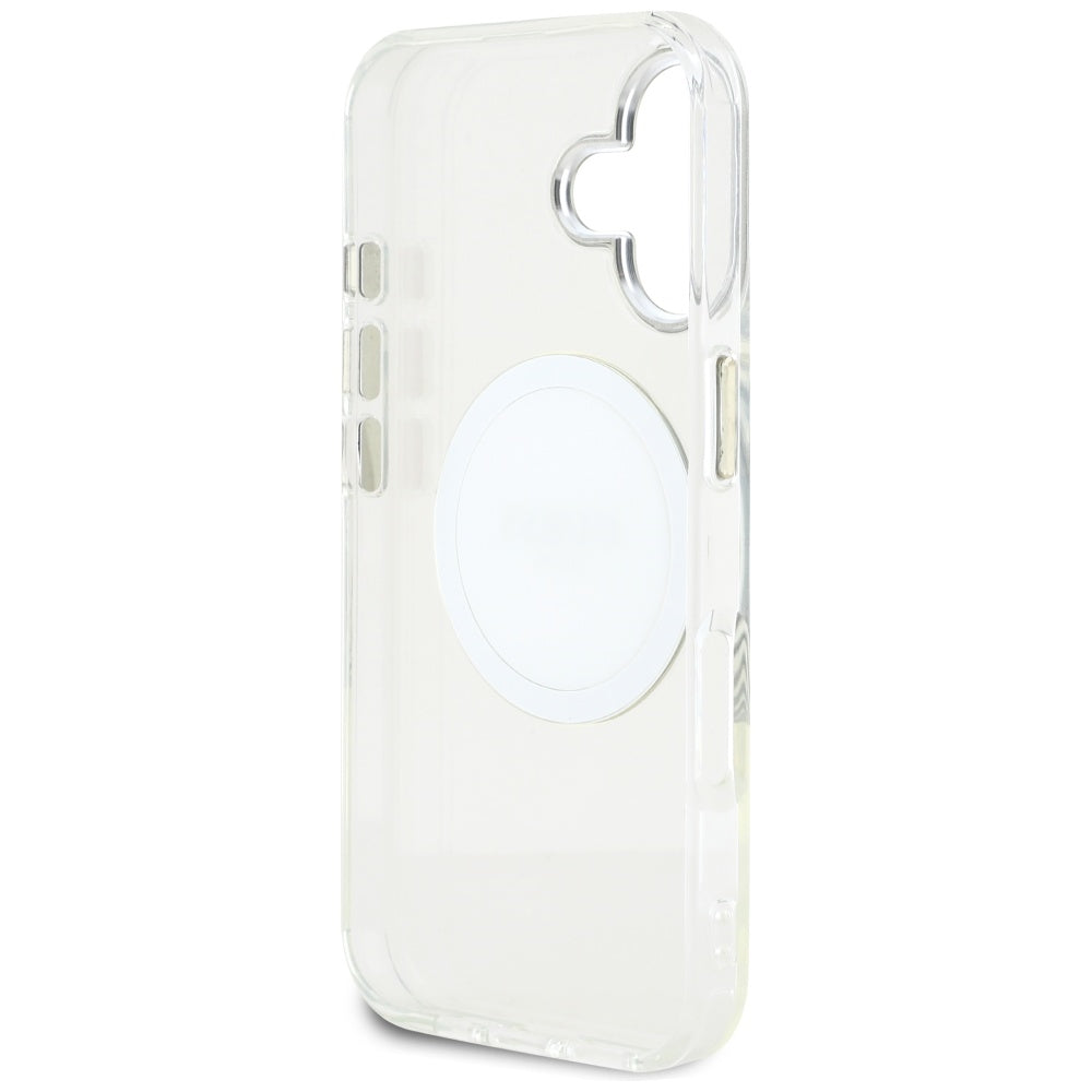 Coque MagSafe pour Apple iPhone 16, Guess, IML Metal Colored Circle, Blanche