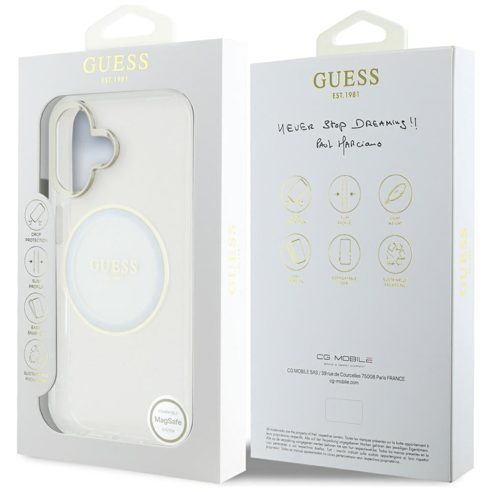 Coque MagSafe pour Apple iPhone 16, Guess, IML Metal Colored Circle, Blanche