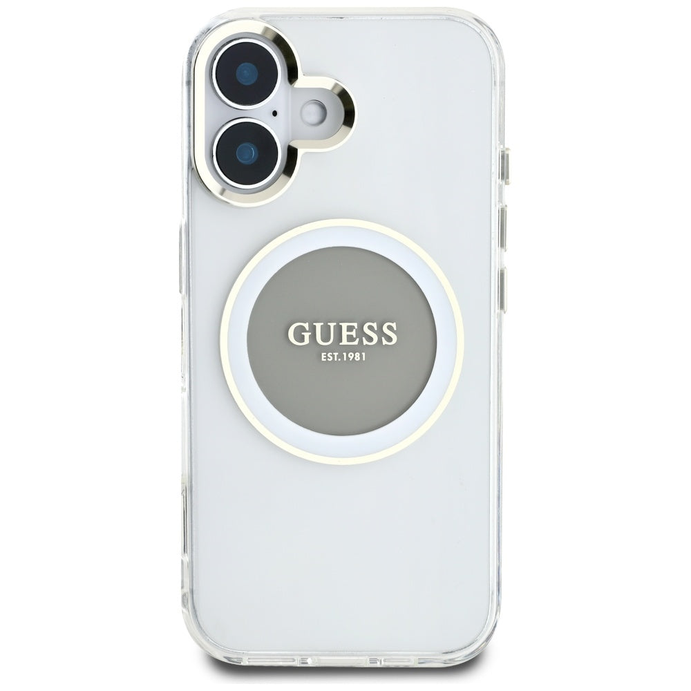 Housse MagSafe pour Apple iPhone 16, Guess, IML Cercle Métallique Coloré, Gris