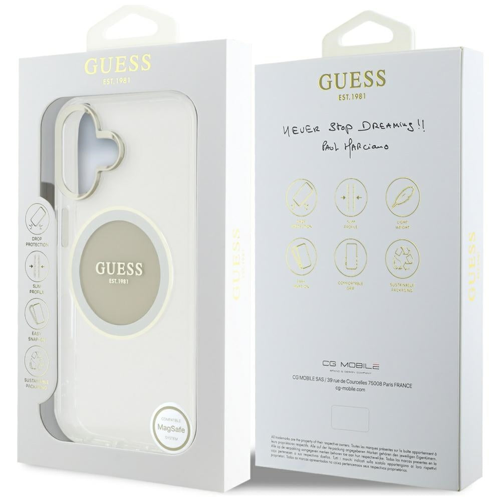 Housse MagSafe pour Apple iPhone 16, Guess, IML Cercle Métallique Coloré, Gris