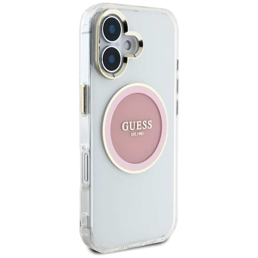 Étui MagSafe pour Apple iPhone 16, Guess, IML Cercle Métallique Coloré, Rose