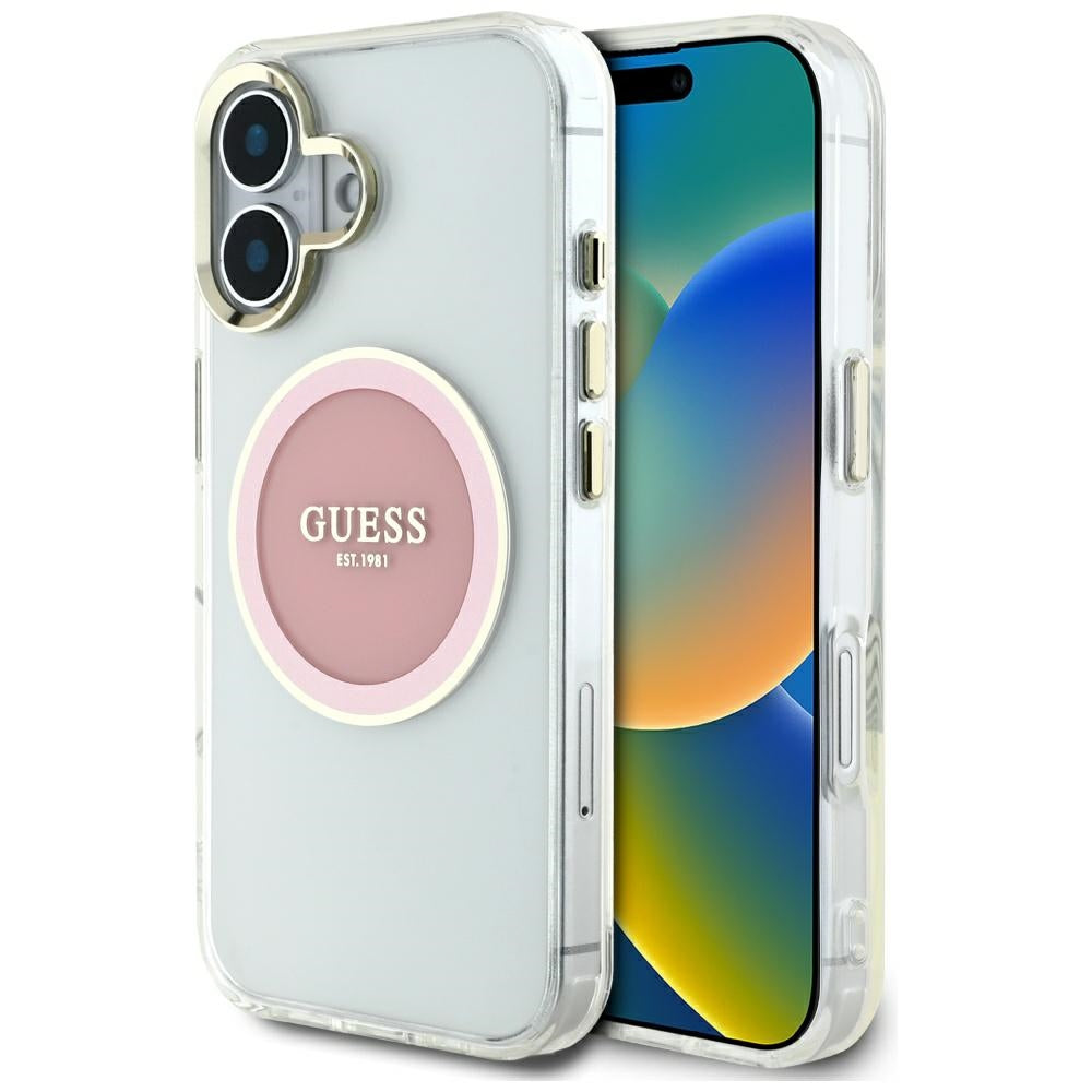 Étui MagSafe pour Apple iPhone 16, Guess, IML Cercle Métallique Coloré, Rose