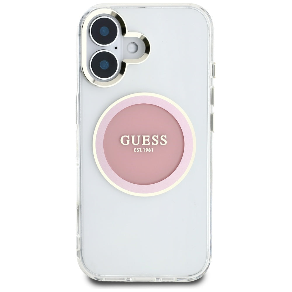 Étui MagSafe pour Apple iPhone 16, Guess, IML Cercle Métallique Coloré, Rose