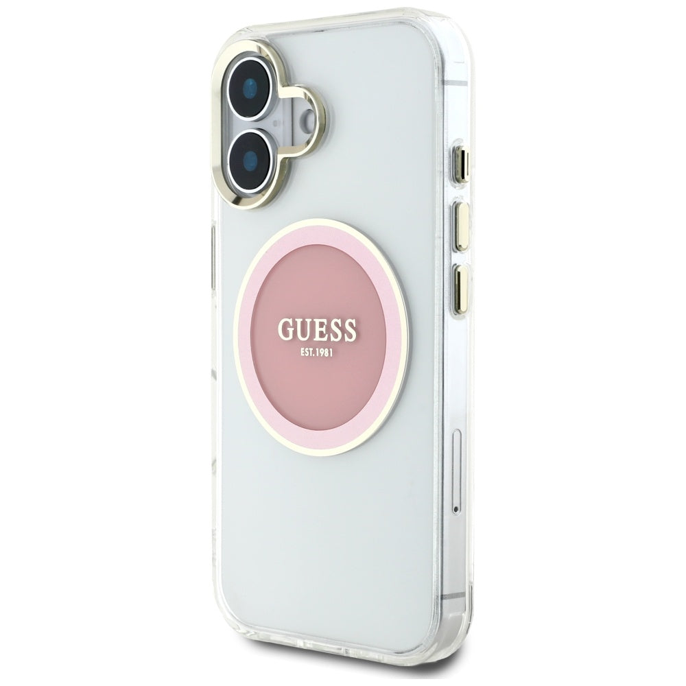 Étui MagSafe pour Apple iPhone 16, Guess, IML Cercle Métallique Coloré, Rose