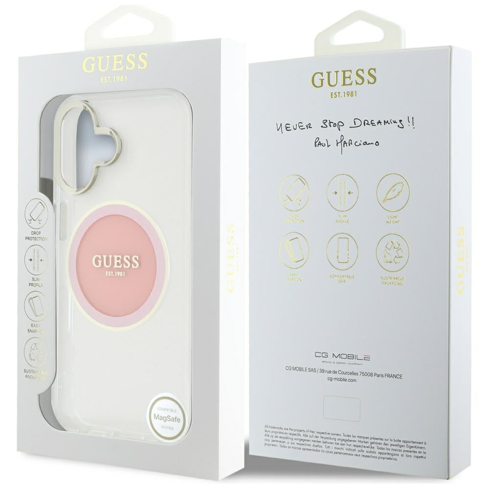 Étui MagSafe pour Apple iPhone 16, Guess, IML Cercle Métallique Coloré, Rose