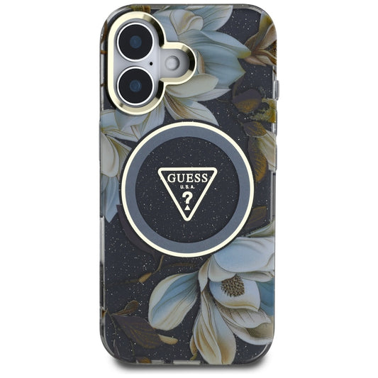 Coque MagSafe pour Apple iPhone 16, Guess, IML Metal Glitter Flowers Triangle, Noire