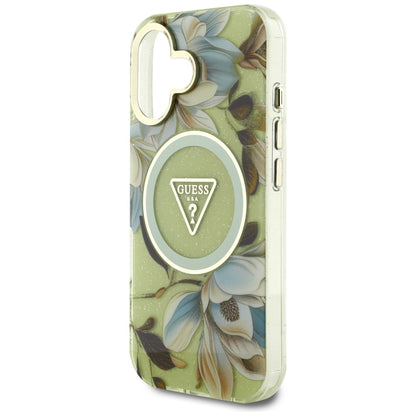 Coque MagSafe pour Apple iPhone 16, Guess, IML Metal Glitter Flowers Triangle, Vert