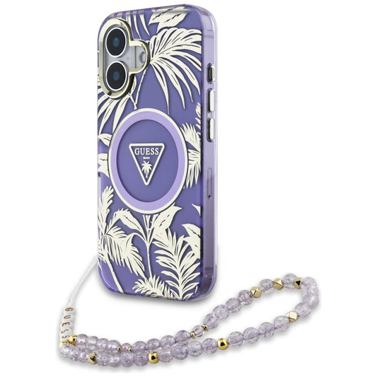 Étui MagSafe pour Apple iPhone 16, Guess, IML Palm Trees Triangle avec Sangle Perle, Violet