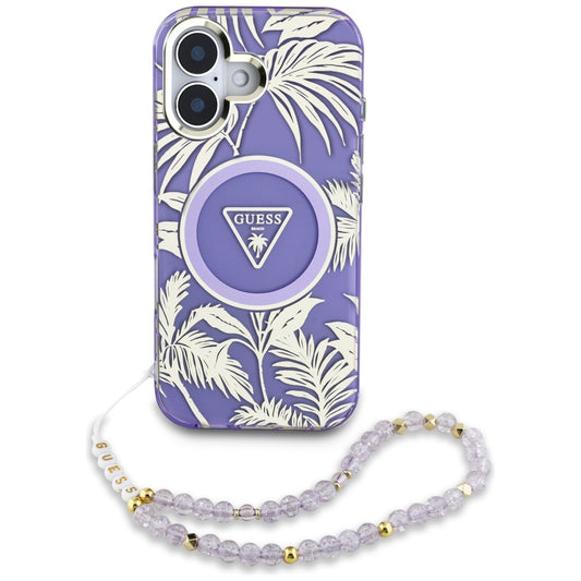 Étui MagSafe pour Apple iPhone 16, Guess, IML Palm Trees Triangle avec Sangle Perle, Violet