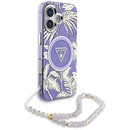 Étui MagSafe pour Apple iPhone 16, Guess, IML Palm Trees Triangle avec Sangle Perle, Violet