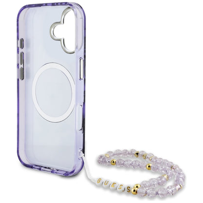 Étui MagSafe pour Apple iPhone 16, Guess, IML Palm Trees Triangle avec Sangle Perle, Violet