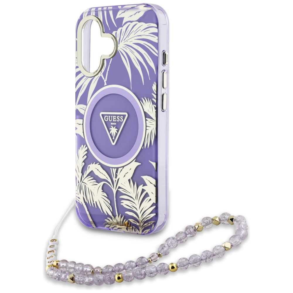 Étui MagSafe pour Apple iPhone 16, Guess, IML Palm Trees Triangle avec Sangle Perle, Violet
