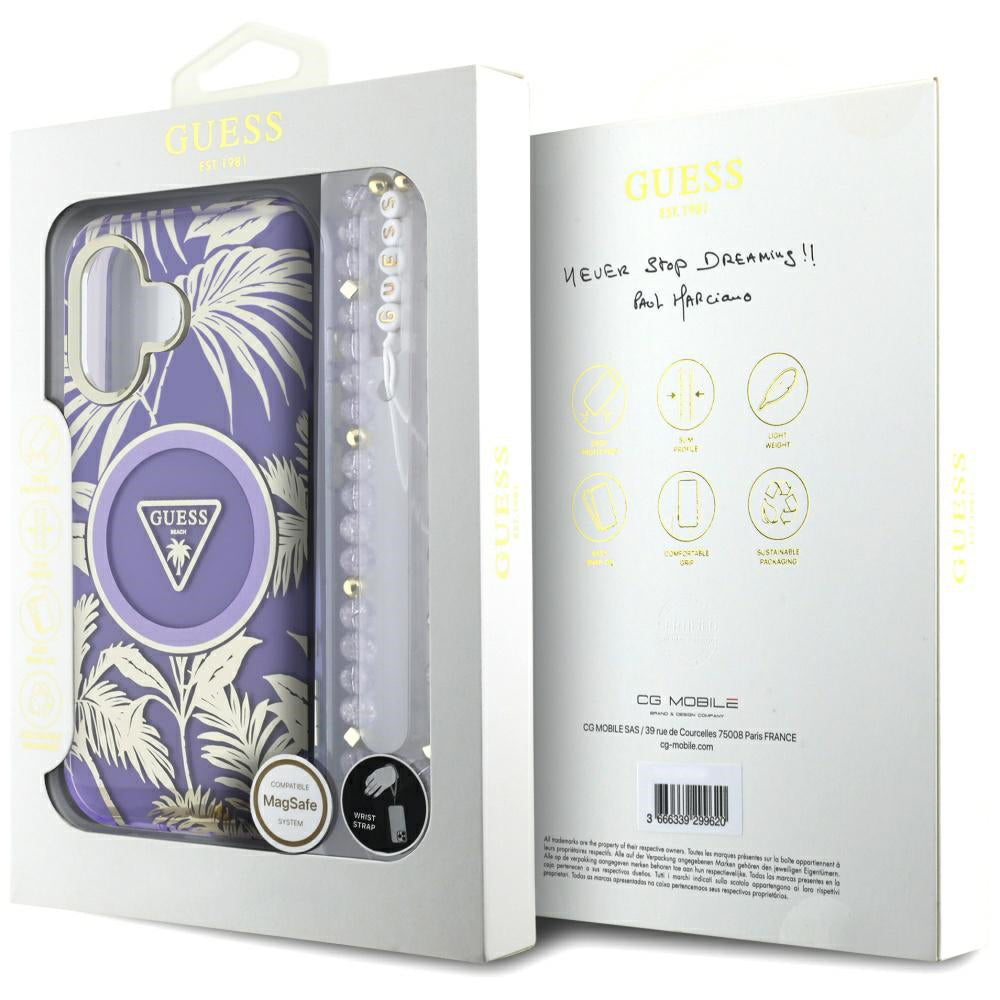 Étui MagSafe pour Apple iPhone 16, Guess, IML Palm Trees Triangle avec Sangle Perle, Violet