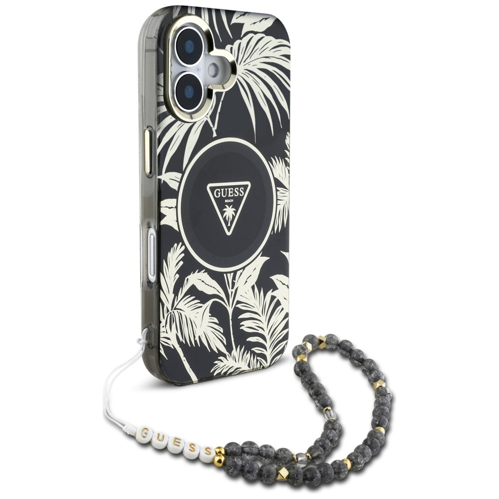 Étui MagSafe pour Apple iPhone 16, Guess, IML Palm Trees Triangle avec sangle perle, Noir