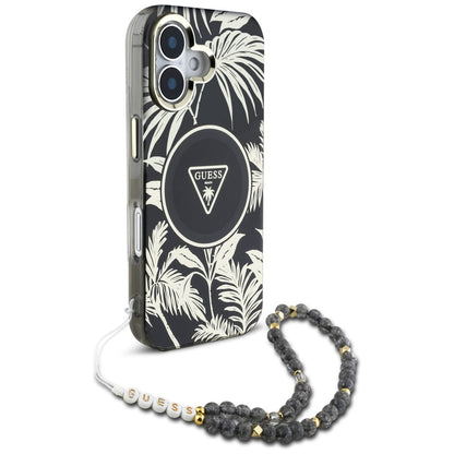 Étui MagSafe pour Apple iPhone 16, Guess, IML Palm Trees Triangle avec sangle perle, Noir