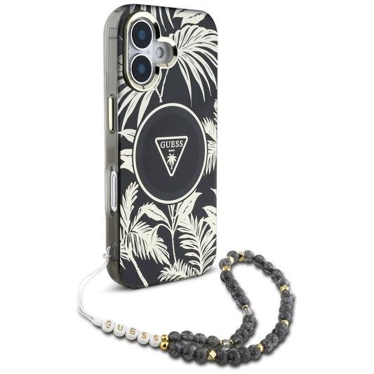 Étui MagSafe pour Apple iPhone 16, Guess, IML Palm Trees Triangle avec sangle perle, Noir