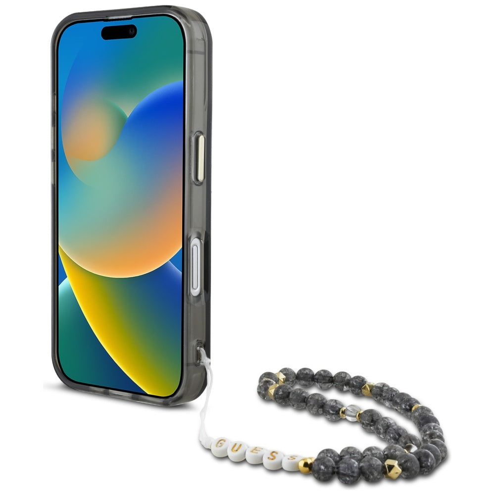 Étui MagSafe pour Apple iPhone 16, Guess, IML Palm Trees Triangle avec sangle perle, Noir