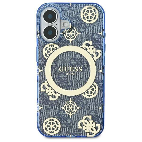 Étui MagSafe pour Apple iPhone 16, Guess, IML Peony On 4G Background, Bleu