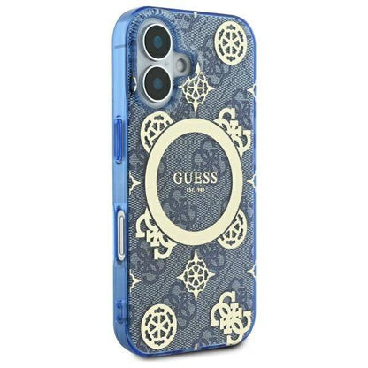 Étui MagSafe pour Apple iPhone 16, Guess, IML Peony On 4G Background, Bleu