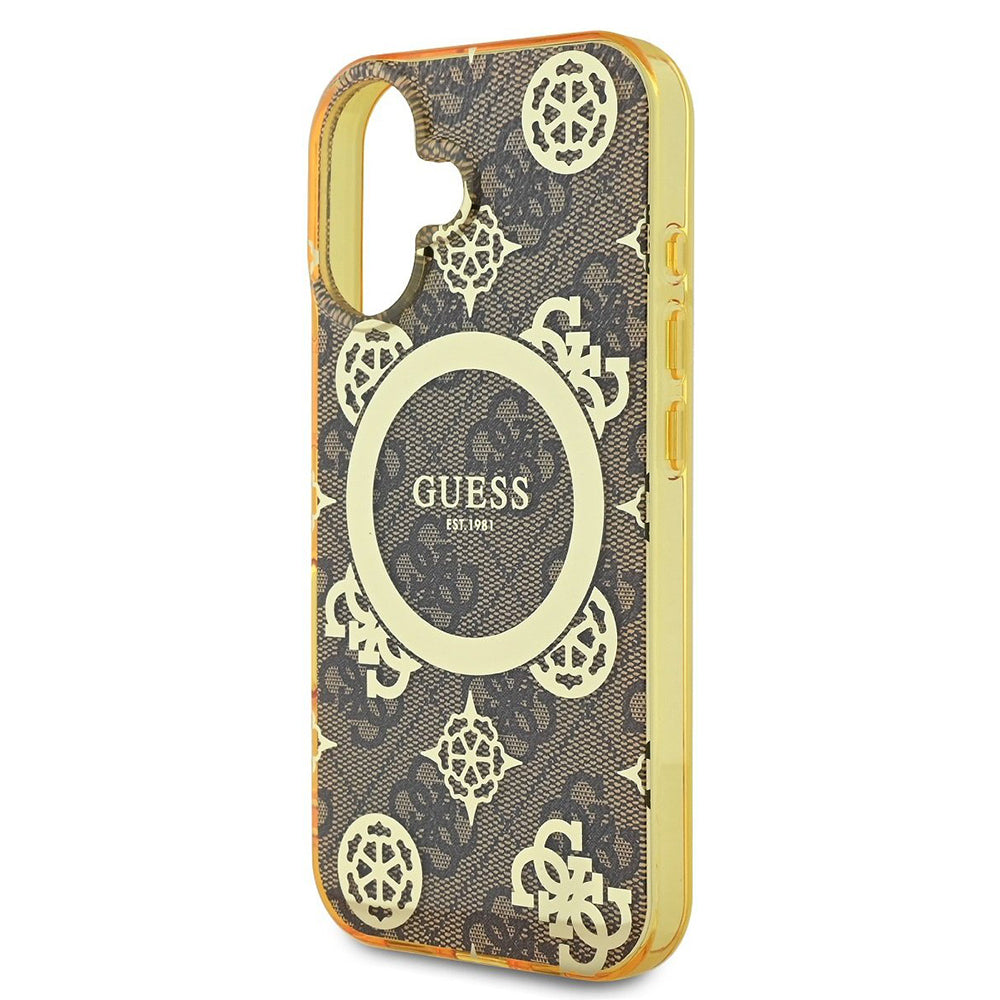 Étui MagSafe pour Apple iPhone 16, Guess, IML Peony On 4G Background, Marron