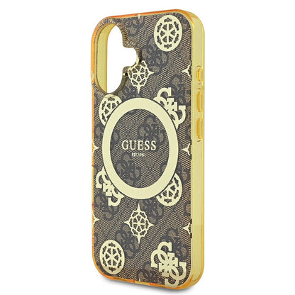 Étui MagSafe pour Apple iPhone 16, Guess, IML Peony On 4G Background, Marron