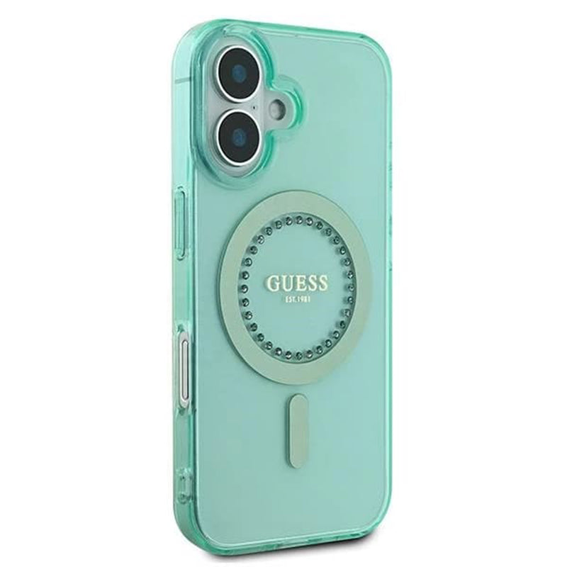 Coque MagSafe pour Apple iPhone 16, Guess, IML Rhinestone, Vert