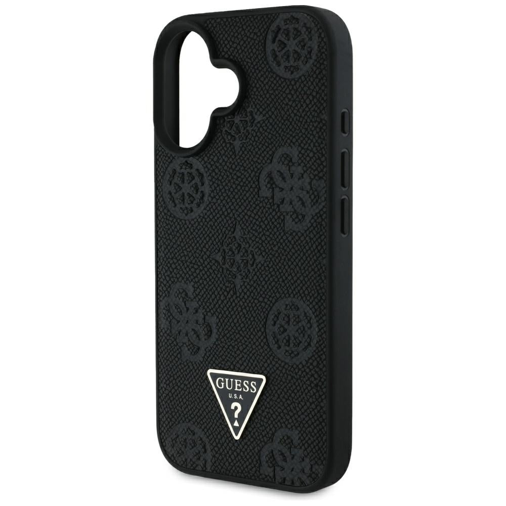 Étui MagSafe pour Apple iPhone 16, Guess, Peony Grained Hot Stamp Triangle, Noir