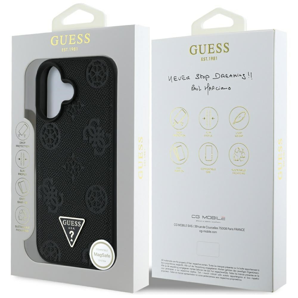 Étui MagSafe pour Apple iPhone 16, Guess, Peony Grained Hot Stamp Triangle, Noir