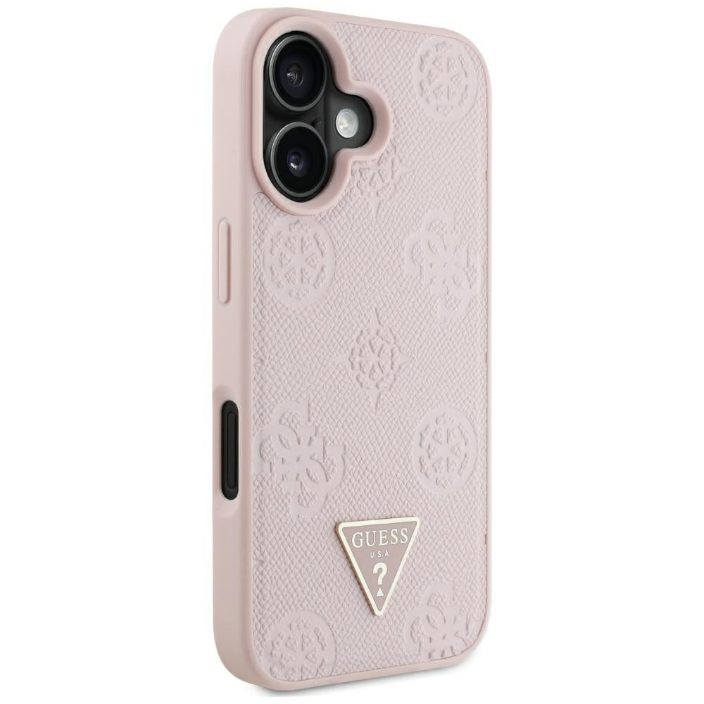 Coque MagSafe pour Apple iPhone 16, Guess, Peony Grained Hot Stamp Triangle, Rose