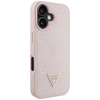 Coque MagSafe pour Apple iPhone 16, Guess, Peony Grained Hot Stamp Triangle, Rose