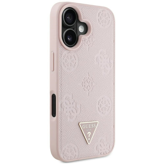 Coque MagSafe pour Apple iPhone 16, Guess, Peony Grained Hot Stamp Triangle, Rose