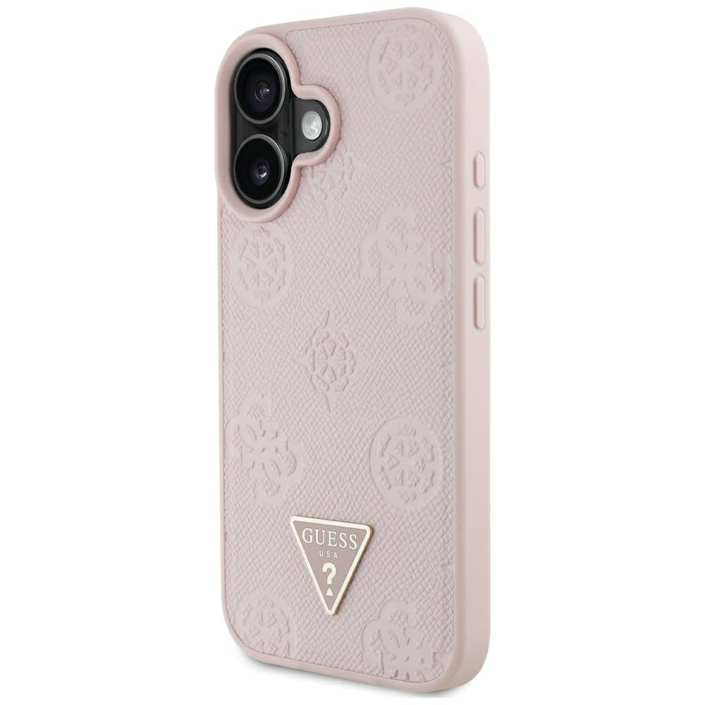 Coque MagSafe pour Apple iPhone 16, Guess, Peony Grained Hot Stamp Triangle, Rose