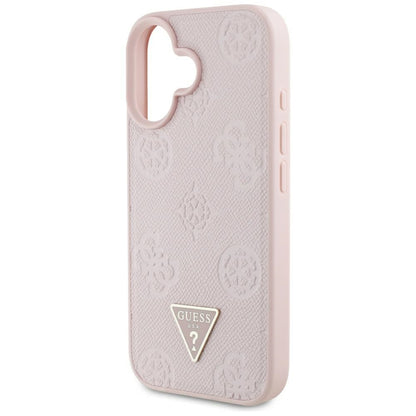 Coque MagSafe pour Apple iPhone 16, Guess, Peony Grained Hot Stamp Triangle, Rose