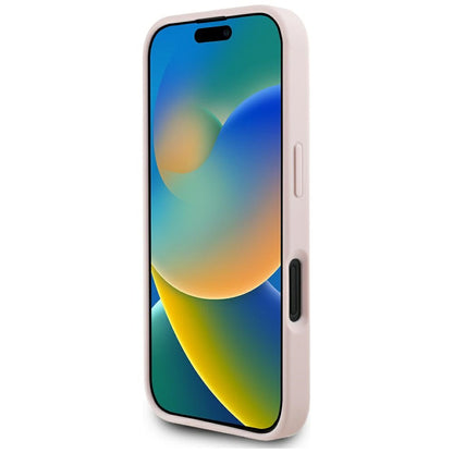 Coque MagSafe pour Apple iPhone 16, Guess, Peony Grained Hot Stamp Triangle, Rose