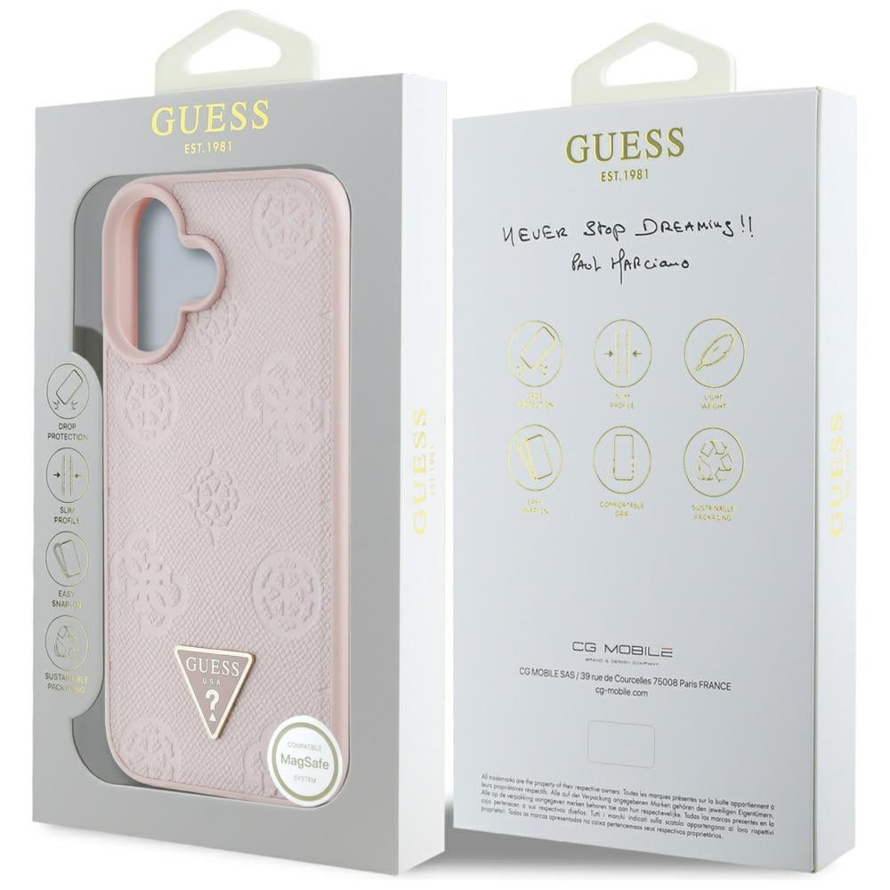 Coque MagSafe pour Apple iPhone 16, Guess, Peony Grained Hot Stamp Triangle, Rose