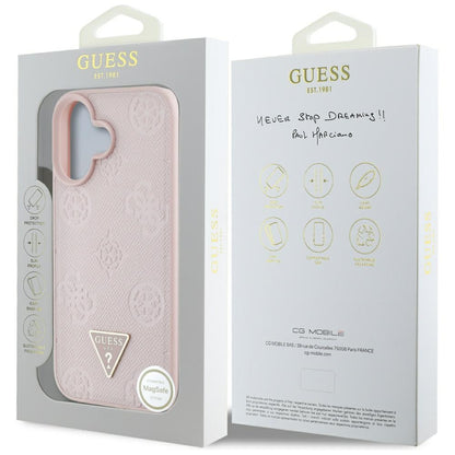 Coque MagSafe pour Apple iPhone 16, Guess, Peony Grained Hot Stamp Triangle, Rose