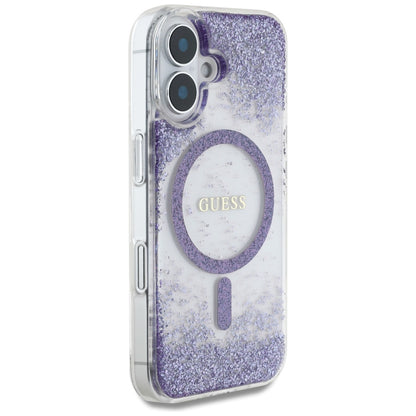 Coque MagSafe pour Apple iPhone 16, Guess, Resin Bottom Glitter, Violet