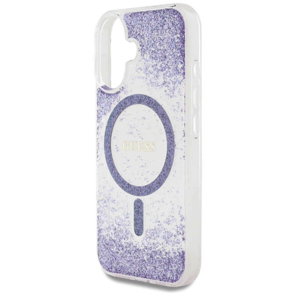 Coque MagSafe pour Apple iPhone 16, Guess, Resin Bottom Glitter, Violet