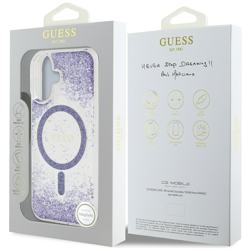 Coque MagSafe pour Apple iPhone 16, Guess, Resin Bottom Glitter, Violet
